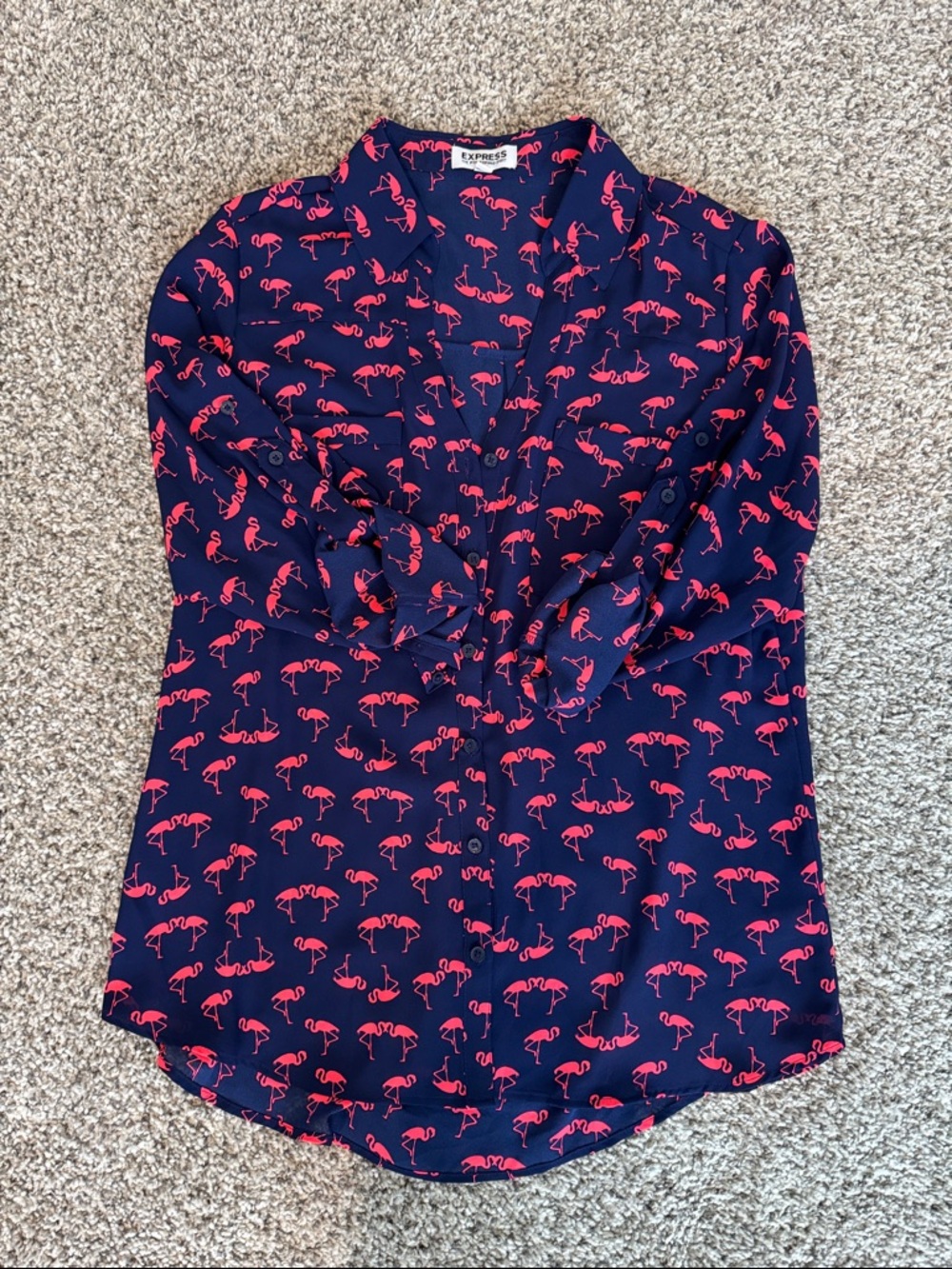 Express Portofino Shirt Navy Button-Down Blouse with Pink Flamingo Print